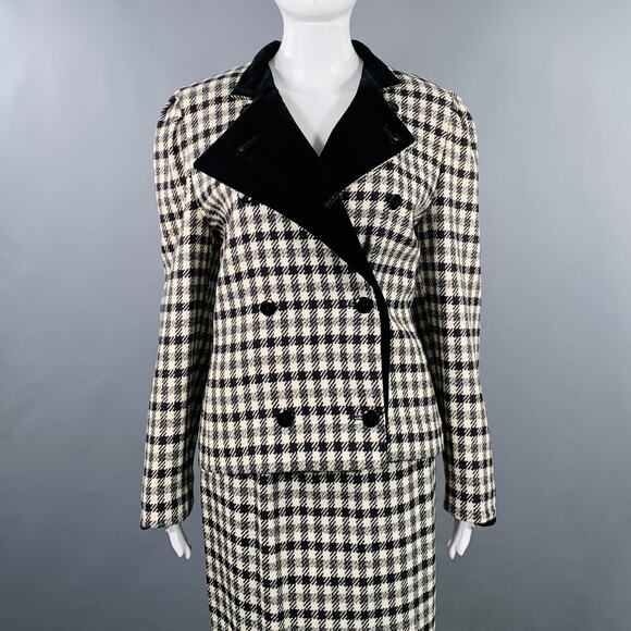 LOUIS FERAUD Size 8 Black Cream Wool Houndstooth Double Breasted Skirt Set - Picture 1 of 11